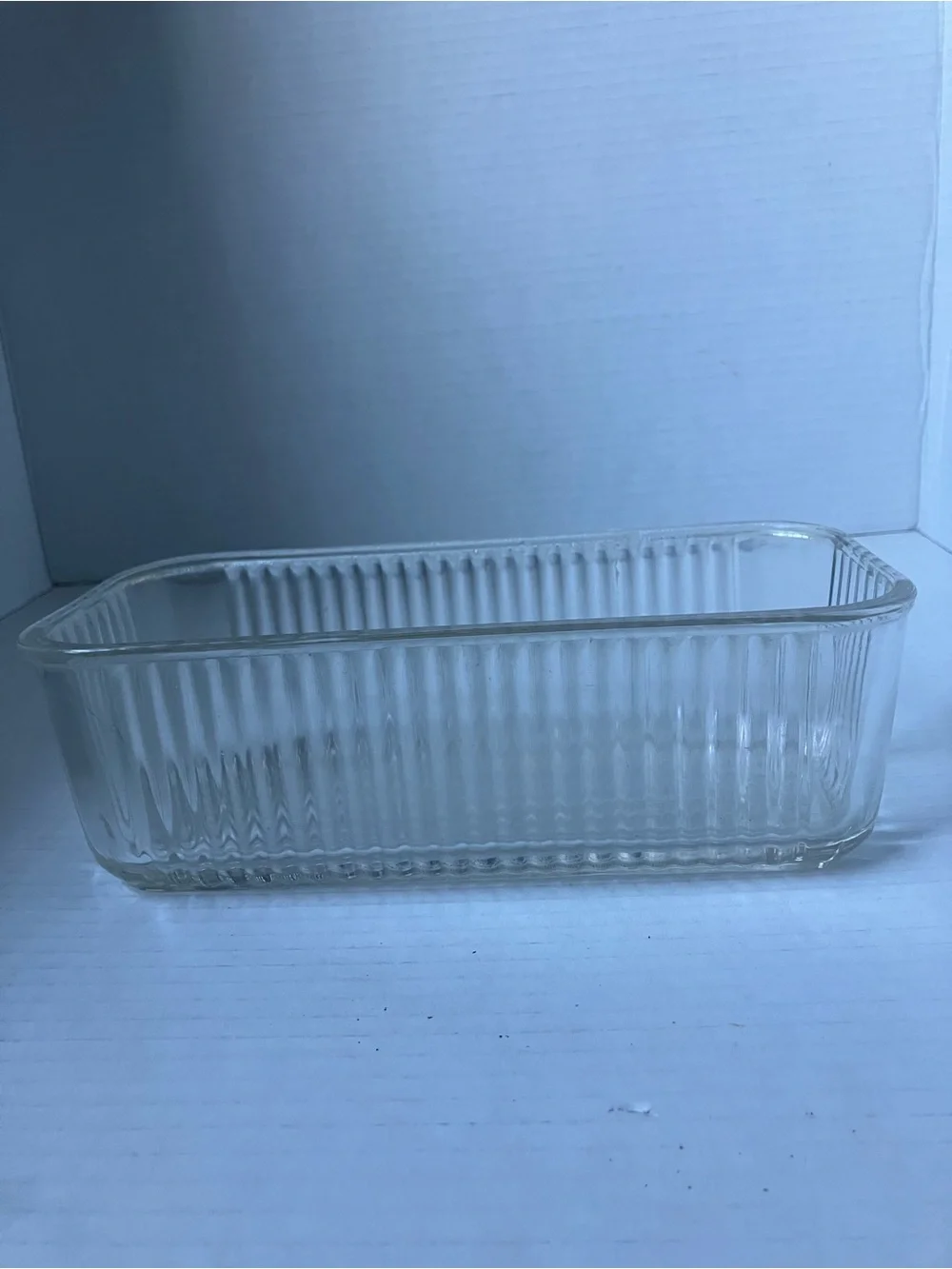 Vintage Clear Ribbed Glass Refrigerator Dish - Clear Aprox 4x8” no lid